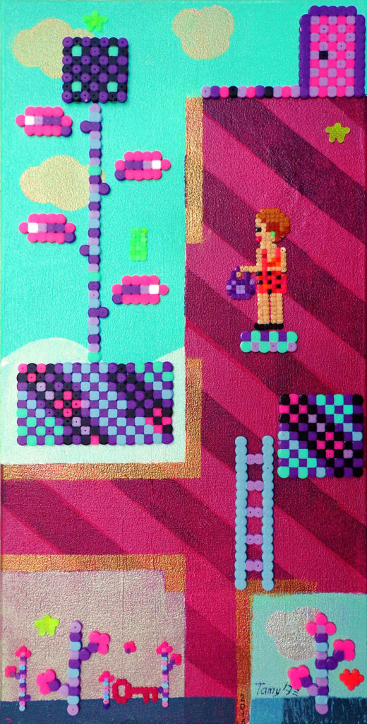 Acrylique sur chassis en pixel art, très coloré, utilisant la technique des perles à repasser, représentant un un petit avatar dans un paysage, en référence aux jeux vidéos rétro japonais.