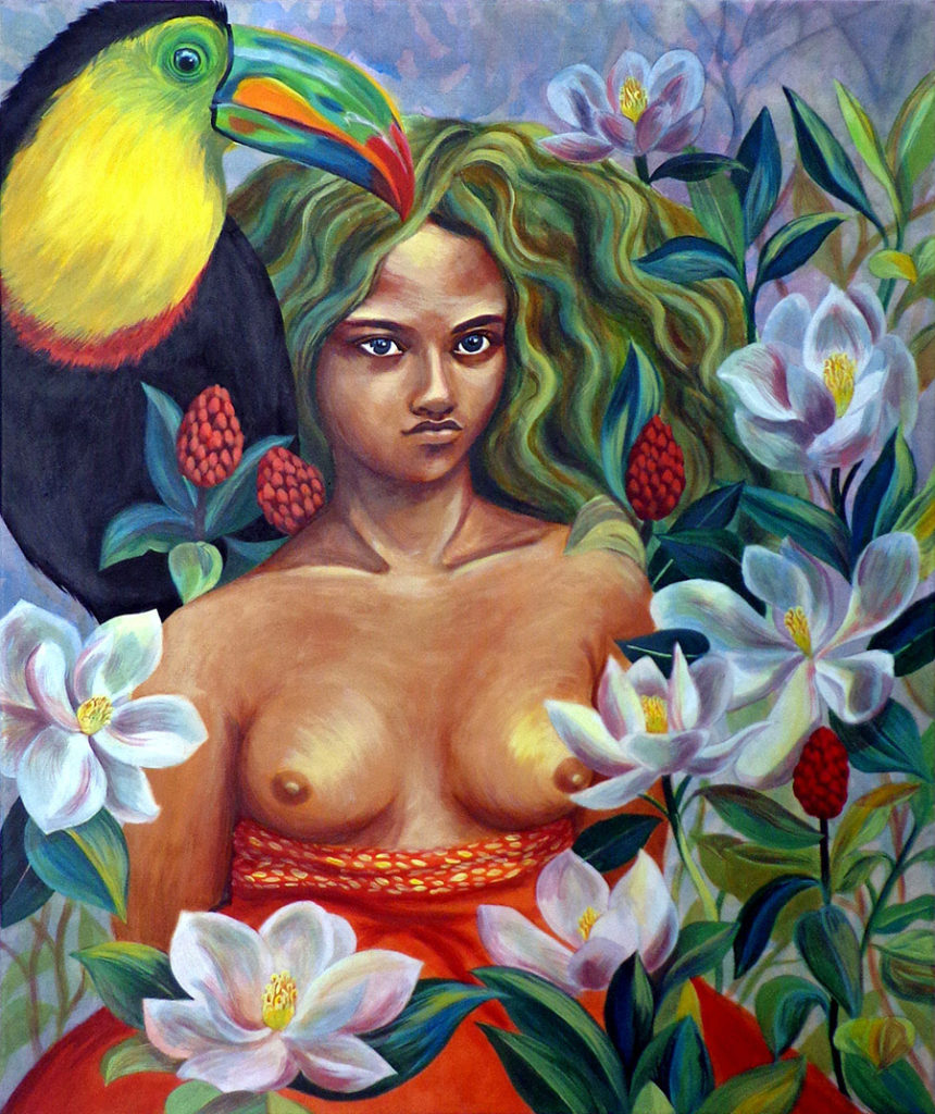 Peinture à l'acrylique sur chassis représentant une femme seins nus à côté d'un toucan et entourée de fleurs de magnolias.